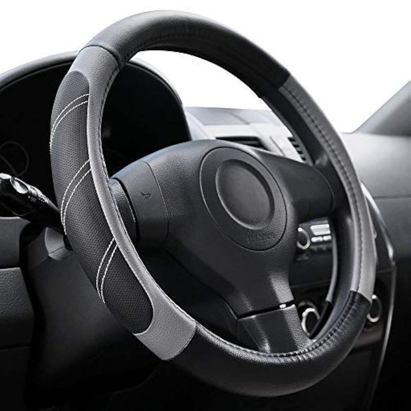 Elantrip Leather Large Steering Wheel Cover 15 1/2 to 16 inch Soft Grip Breathable for Car Truck SUV Jeep Anti Slip Black and Gray - Image 1